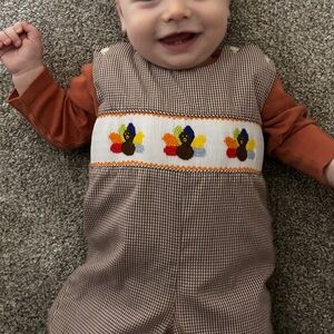 Smocked Brown Checkered Long Jon with Turkeys